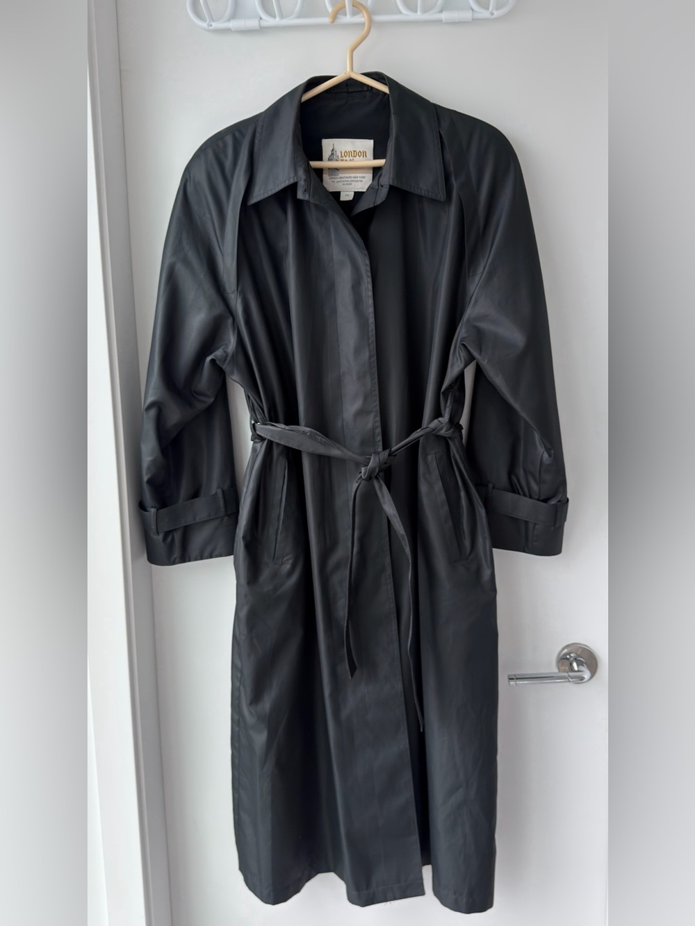 London Fog Black Vegan Leather Trench Coat with Belt